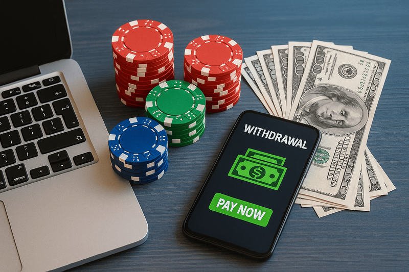 Online Casino Auszahlung bei Vulkan Vegas mit Chips, Bargeld und Smartphone Auszahlungssymbol